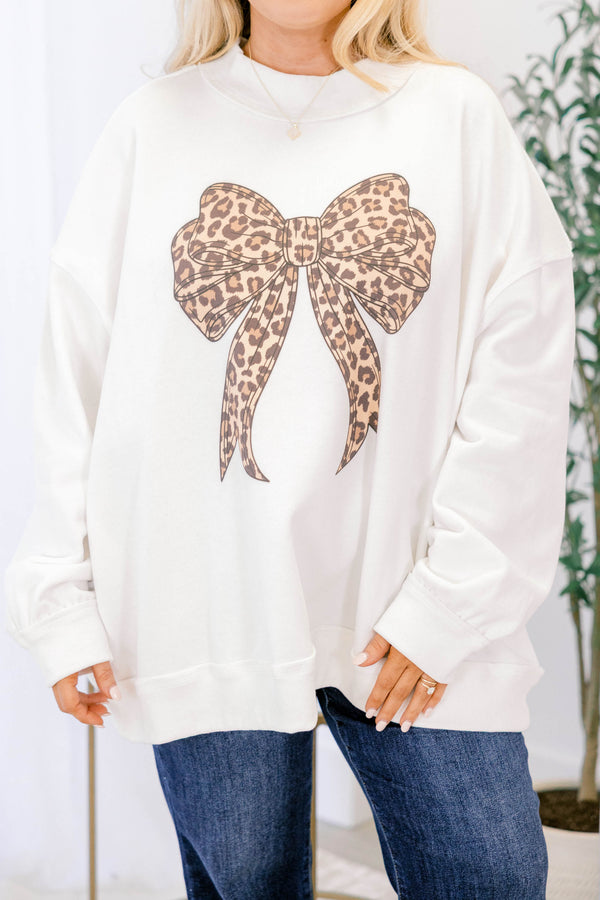 Chic Soul plus size clothing, ivory long sleeve mock neck pullover with cute leopard bow graphic
