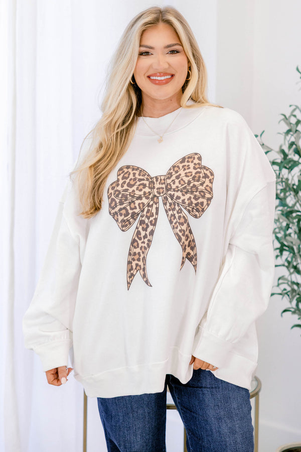 Chic Soul plus size clothing, ivory long sleeve mock neck pullover with cute leopard bow graphic