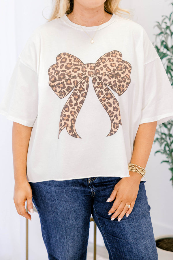 Chic Soul plus size clothing, short-sleeve drop-shoulder vintage white wash tee with a high-scoop-neckline and a leopard bow graphic on front