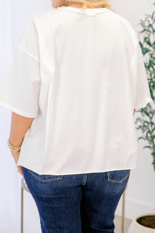 Chic Soul plus size clothing, short-sleeve drop-shoulder vintage white wash tee with a high-scoop-neckline and a leopard bow graphic on front