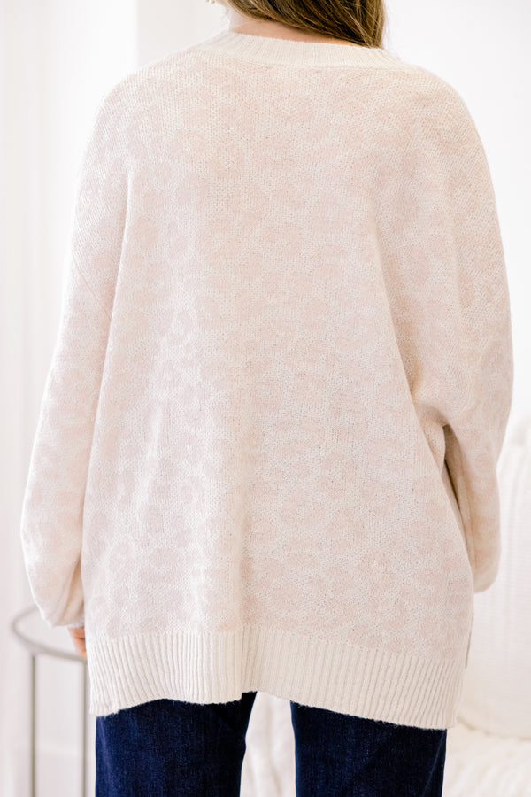 Chic Soul plus size clothing, cream knit long sleeve sweater with light brown leopard print