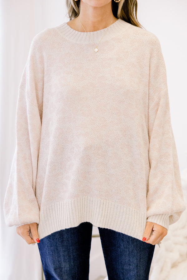 Chic Soul plus size clothing, cream knit long sleeve sweater with light brown leopard print