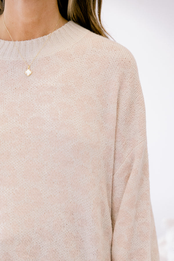 Chic Soul plus size clothing, cream knit long sleeve sweater with light brown leopard print