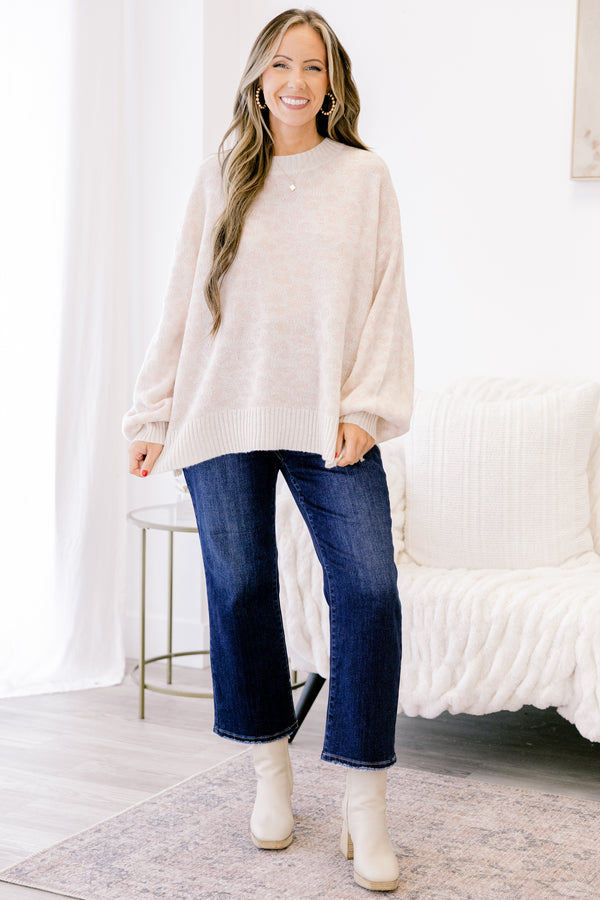 Chic Soul plus size clothing, cream knit long sleeve sweater with light brown leopard print