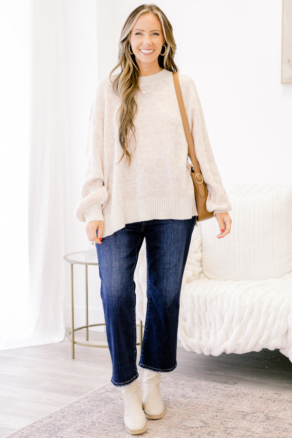 Chic Soul plus size clothing, cream knit long sleeve sweater with light brown leopard print