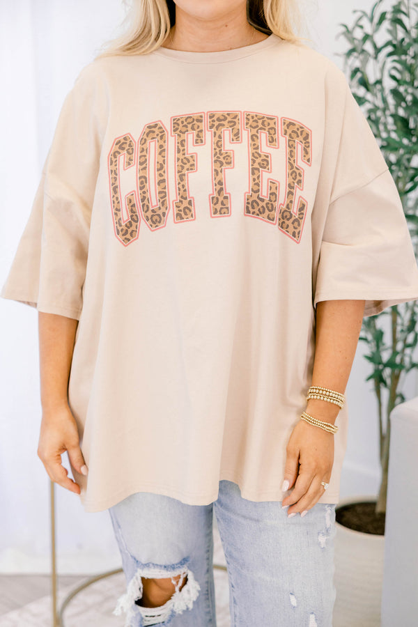 Chic Soul plus size clothing, light mocha brown short sleeve boyfriend tee with 