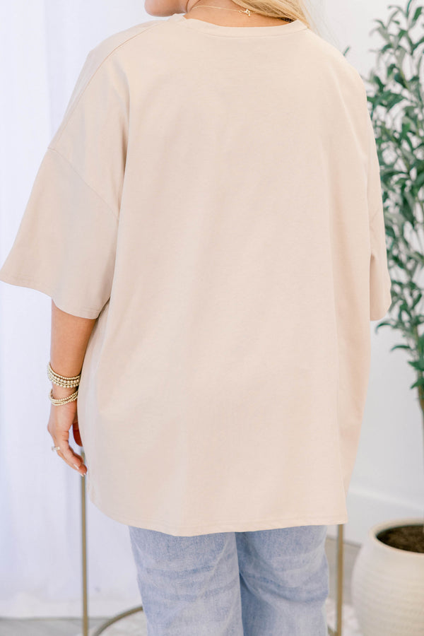 Chic Soul plus size clothing, light mocha brown short sleeve boyfriend tee with 