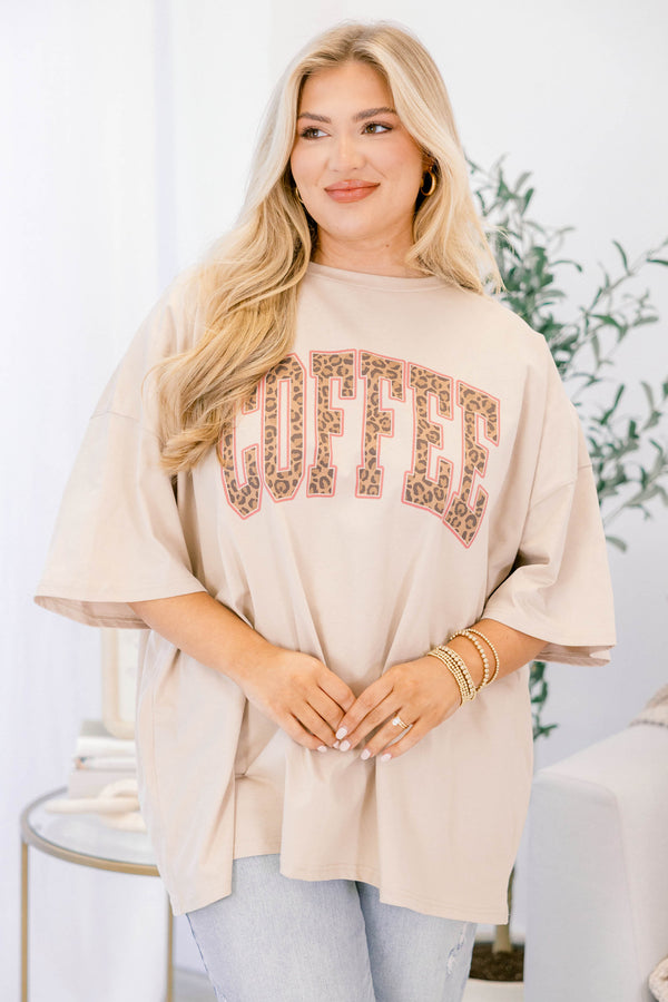 Chic Soul plus size clothing, light mocha brown short sleeve boyfriend tee with 