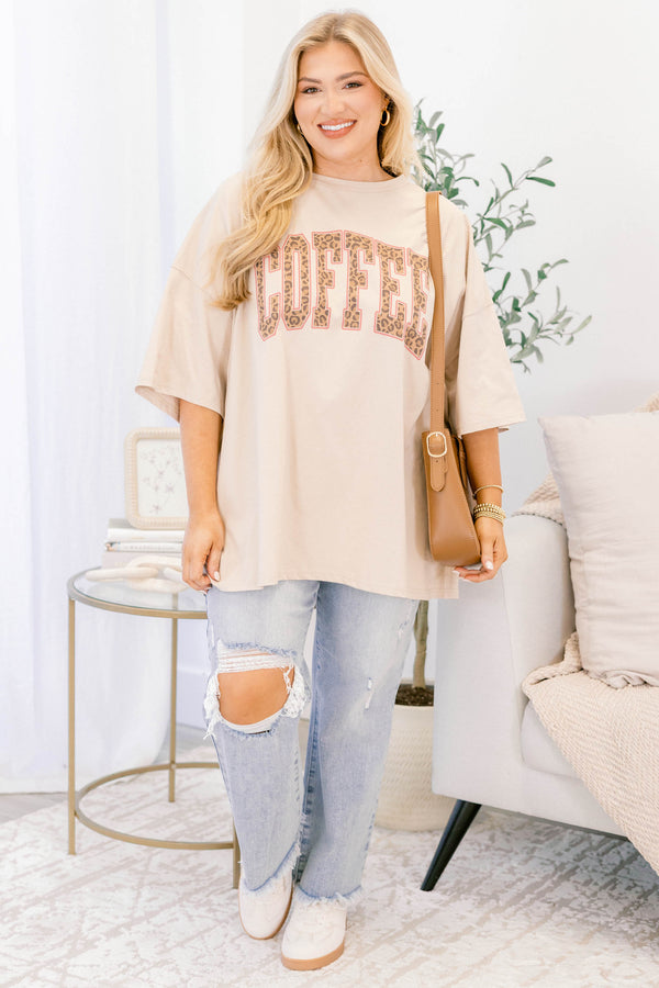 Chic Soul plus size clothing, light mocha brown short sleeve boyfriend tee with 