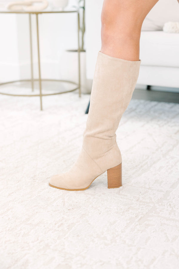 Plus size clothing, sand colored knee high suede boots with block heel