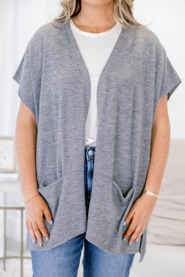 Chic Soul plus size clothing, heather gray short sleeve cardigan with large front lower pockets