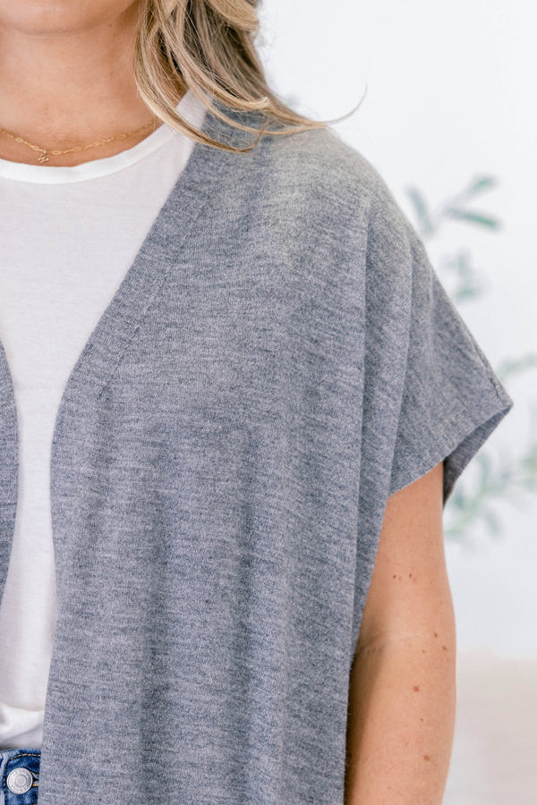 Chic Soul plus size clothing, heather gray short sleeve cardigan with large front lower pockets