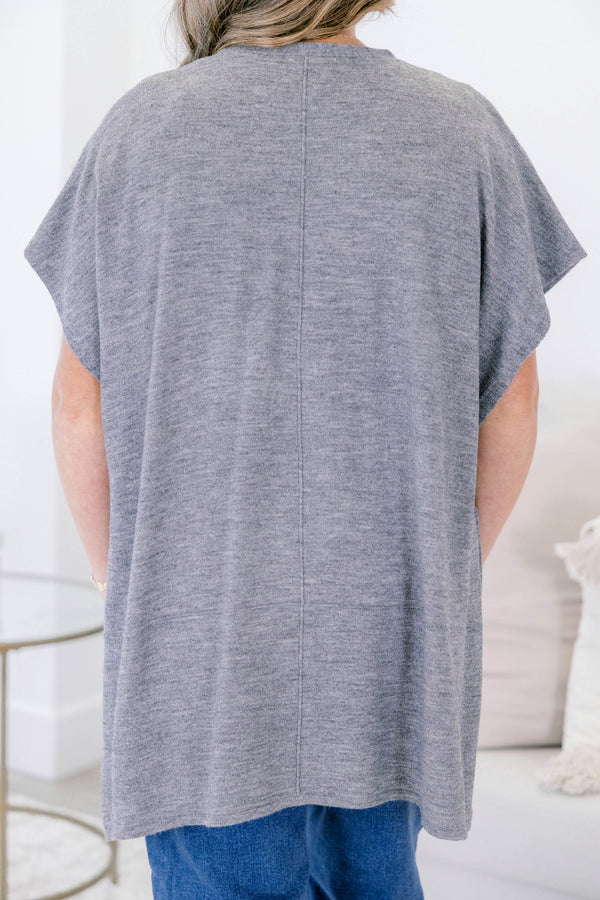 Chic Soul plus size clothing, heather gray short sleeve cardigan with large front lower pockets