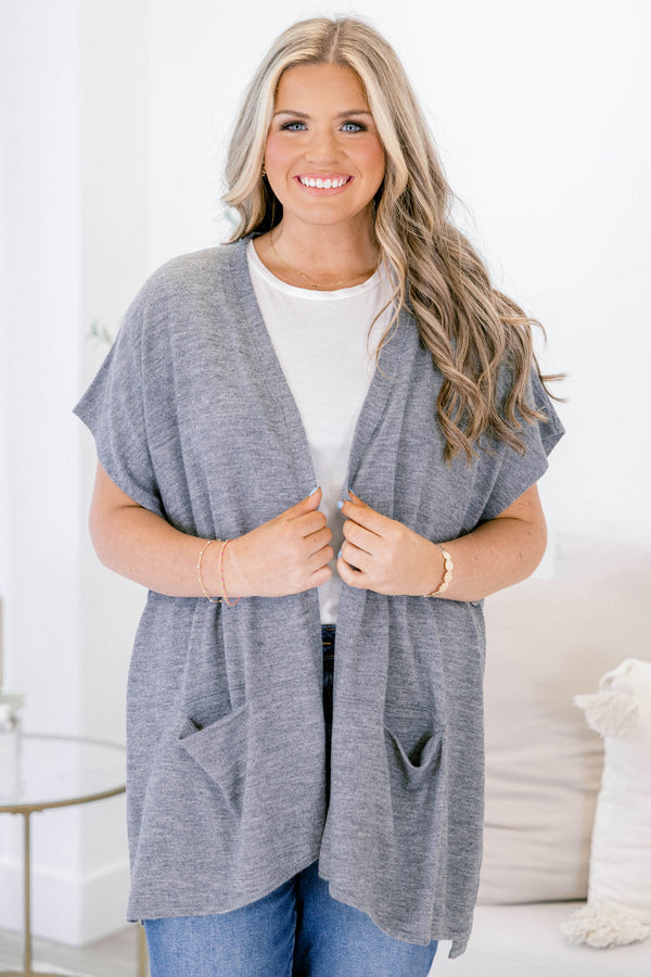Chic Soul plus size clothing, heather gray short sleeve cardigan with large front lower pockets