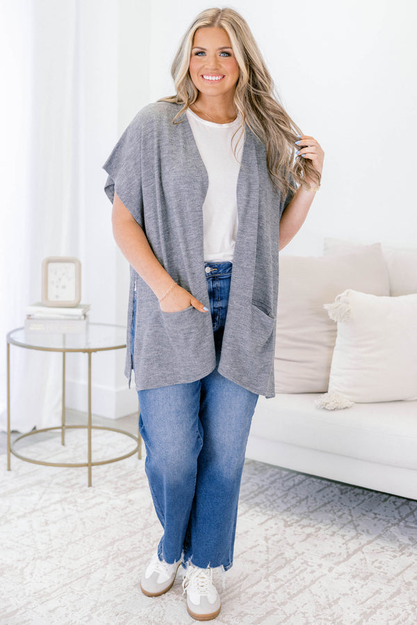 Chic Soul plus size clothing, heather gray short sleeve cardigan with large front lower pockets
