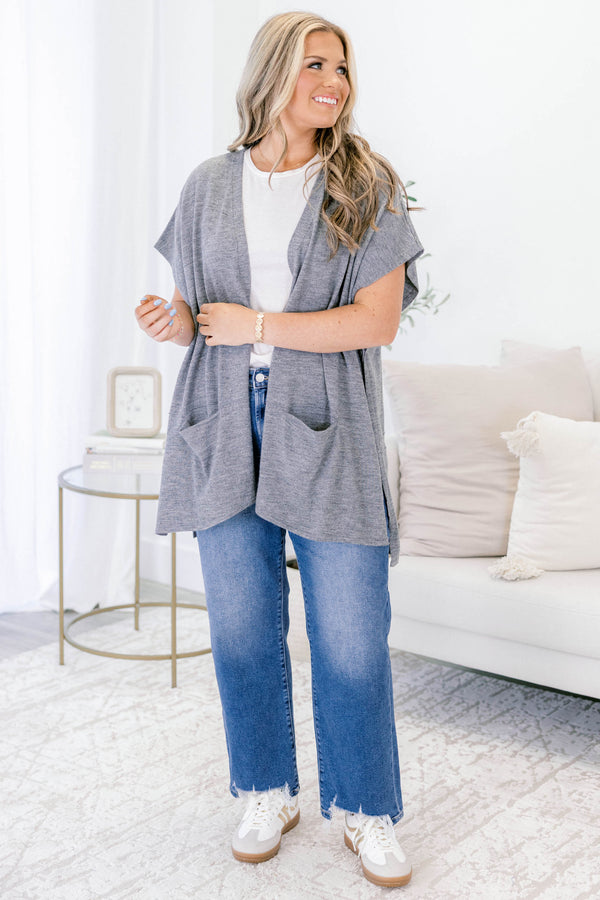 Chic Soul plus size clothing, heather gray short sleeve cardigan with large front lower pockets