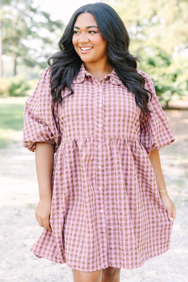 Plus Size mauve and brown gingham babydoll dress with puff sleeves, a collar, and button-down front.