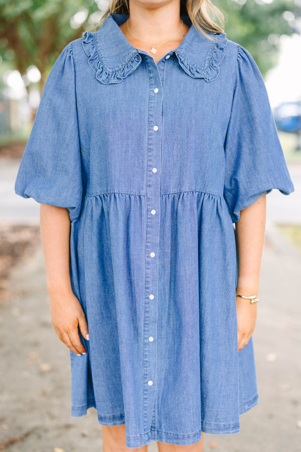 Plus Size denim babydoll dress with a ruffled collar, button-down front, and puff sleeves.