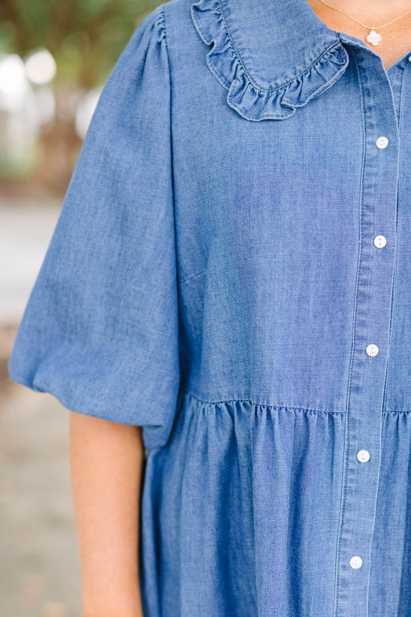 Plus Size denim babydoll dress with a ruffled collar, button-down front, and puff sleeves.