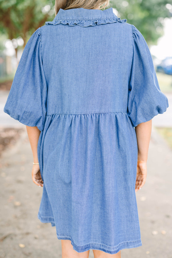 Plus Size denim babydoll dress with a ruffled collar, button-down front, and puff sleeves.