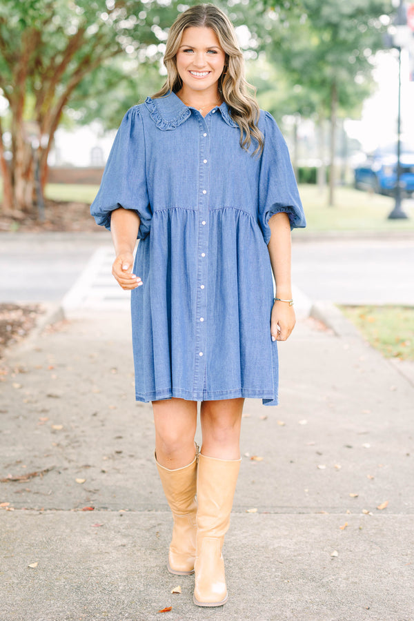 Plus Size denim babydoll dress with a ruffled collar, button-down front, and puff sleeves.