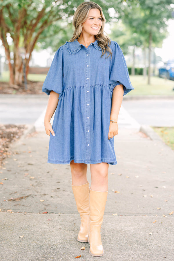 Plus Size denim babydoll dress with a ruffled collar, button-down front, and puff sleeves.