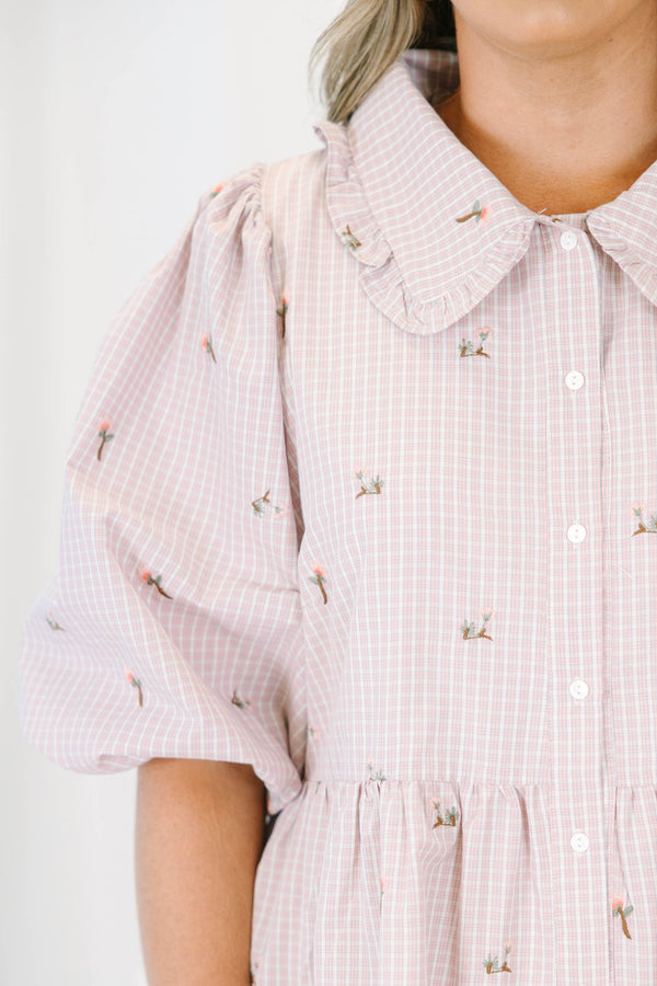 Plus Size pink gingham mini dress with floral embroidery, puff sleeves, and a ruffled Peter Pan collar.