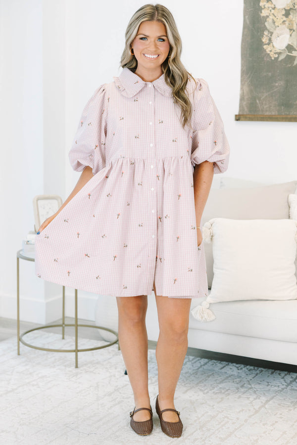 Plus Size pink gingham mini dress with floral embroidery, puff sleeves, and a ruffled Peter Pan collar.