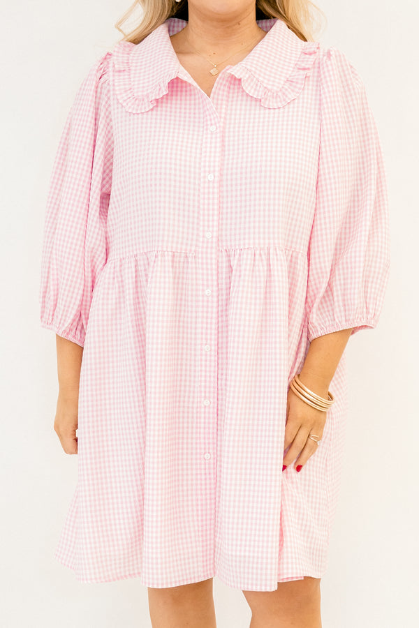 Chic soul plus size clothing, pink gingham button-up knee length dress with short bubble sleeves and a collar that has a ruffle at the end of it 