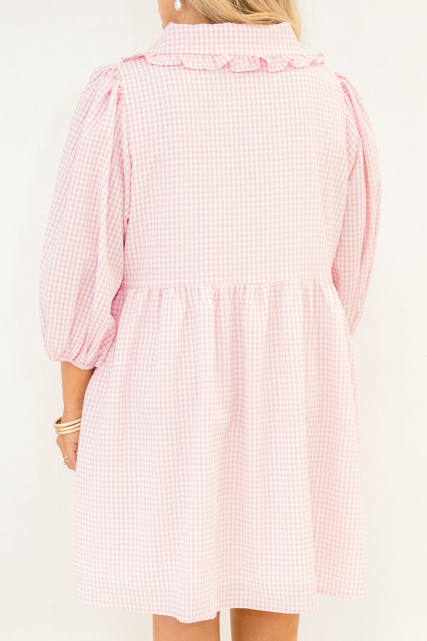 Chic soul plus size clothing, pink gingham button-up knee length dress with short bubble sleeves and a collar that has a ruffle at the end of it 