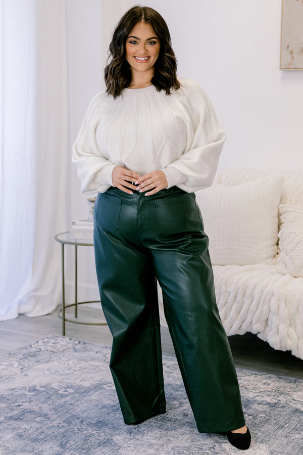 Chic Soul plus size clothing, dark green straight leg leather pants with 2 front sailor pockets
