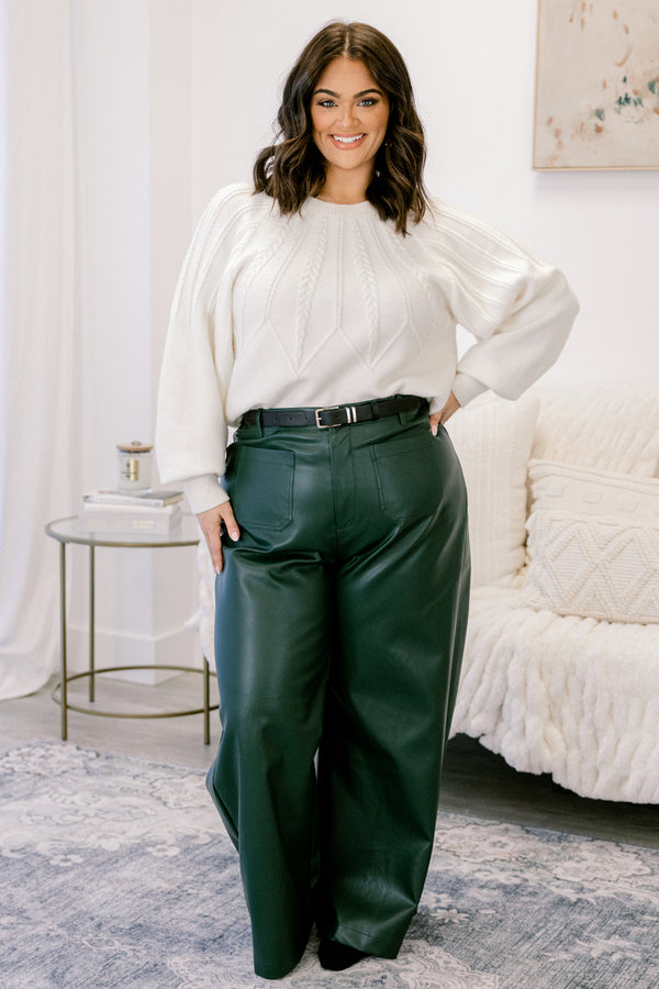 Chic Soul plus size clothing, dark green straight leg leather pants with 2 front sailor pockets