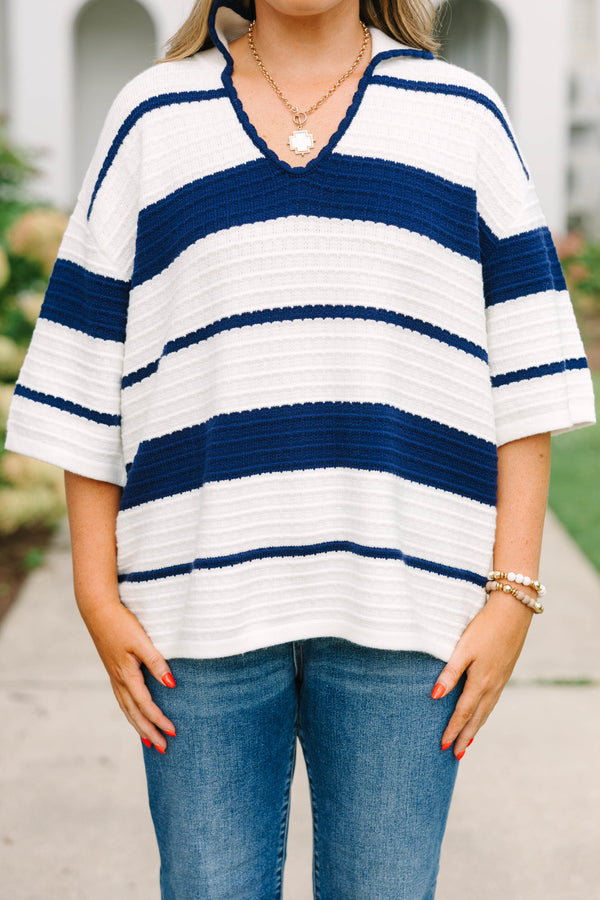 Plus Size navy and white striped textured knit polo sweater with an open collar and short sleeves.
