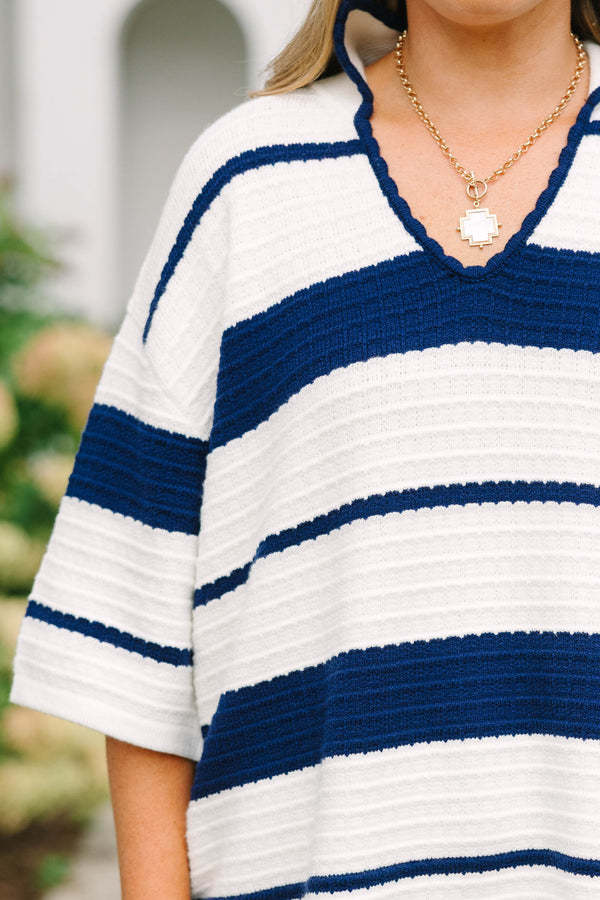 Plus Size navy and white striped textured knit polo sweater with an open collar and short sleeves.