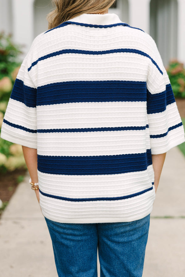 Plus Size navy and white striped textured knit polo sweater with an open collar and short sleeves.
