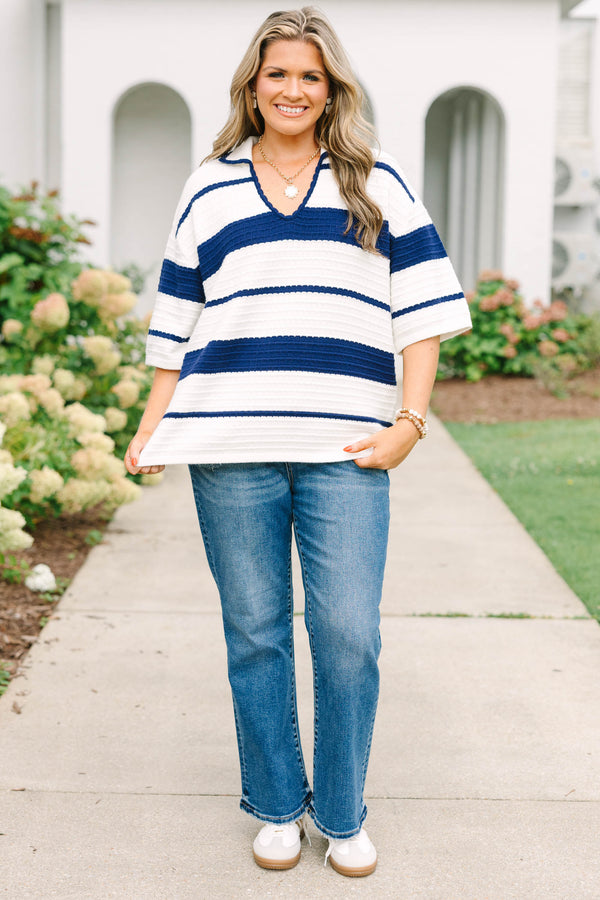 Plus Size navy and white striped textured knit polo sweater with an open collar and short sleeves.