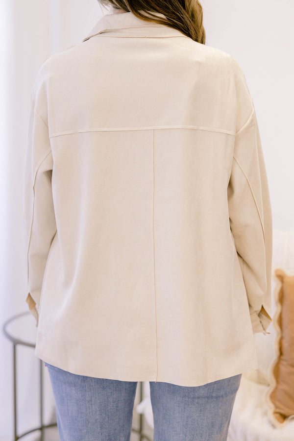 Chic Soul plus size clothing, off white button up shacket with 2 front pockets