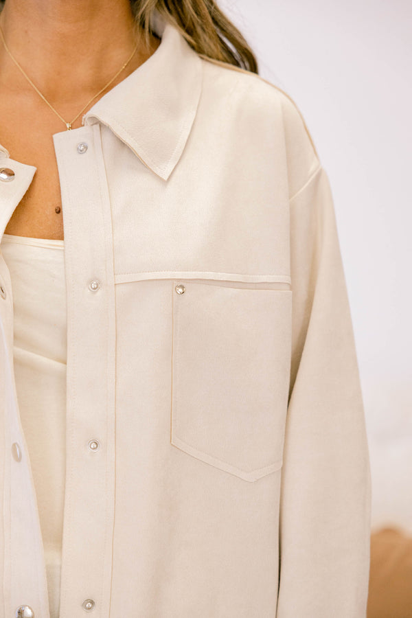 Chic Soul plus size clothing, off white button up shacket with 2 front pockets