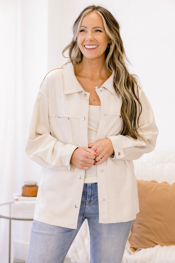 Chic Soul plus size clothing, off white button up shacket with 2 front pockets