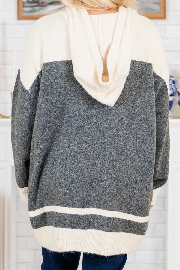 Chic Soul plus size clothing, long-sleeve charcoal-ivory color block sweater with hoodie and thick striped pattern detailing