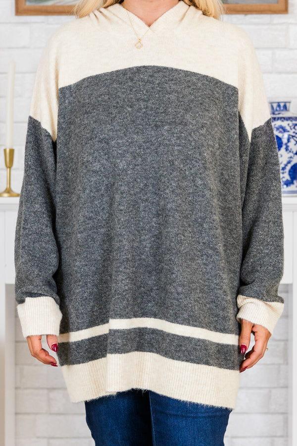 Chic Soul plus size clothing, long-sleeve charcoal-ivory color block sweater with hoodie and thick striped pattern detailing