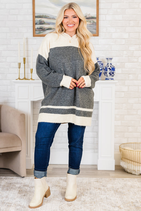 Chic Soul plus size clothing, long-sleeve charcoal-ivory color block sweater with hoodie and thick striped pattern detailing
