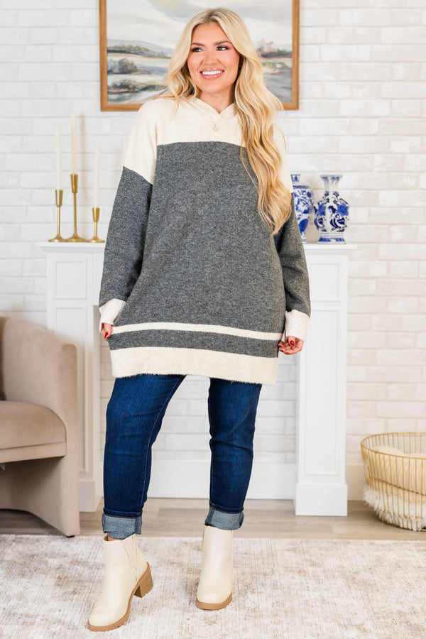 Chic Soul plus size clothing, long-sleeve charcoal-ivory color block sweater with hoodie and thick striped pattern detailing
