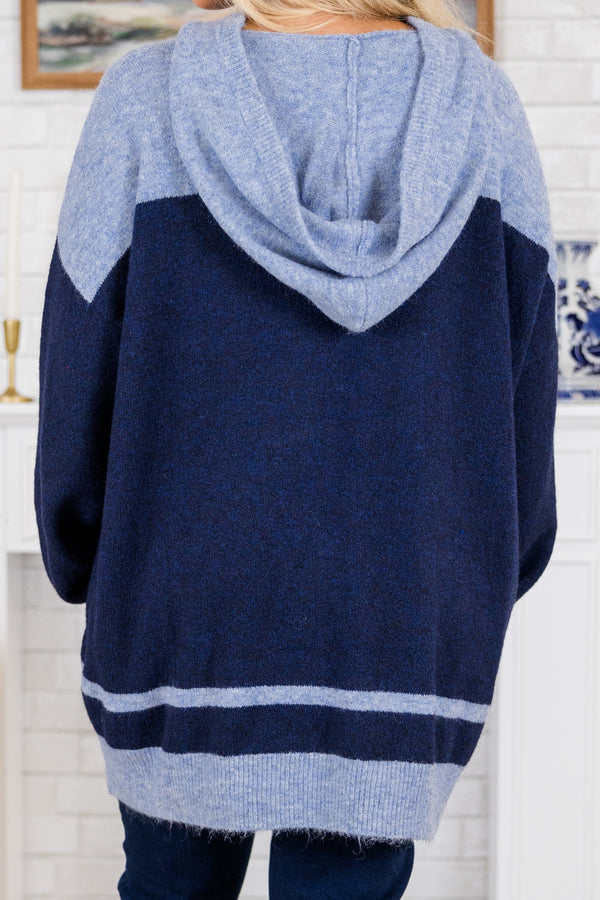 Chic Soul plus size clothing, navy long sleeve knit sweater with blue color block detail with hoodie and ribbed band along bottom and sleeves