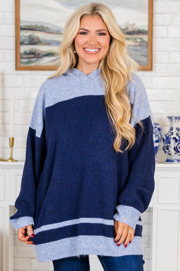 Chic Soul plus size clothing, navy long sleeve knit sweater with blue color block detail with hoodie and ribbed band along bottom and sleeves