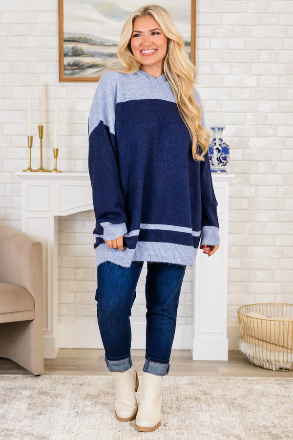 Chic Soul plus size clothing, navy long sleeve knit sweater with blue color block detail with hoodie and ribbed band along bottom and sleeves
