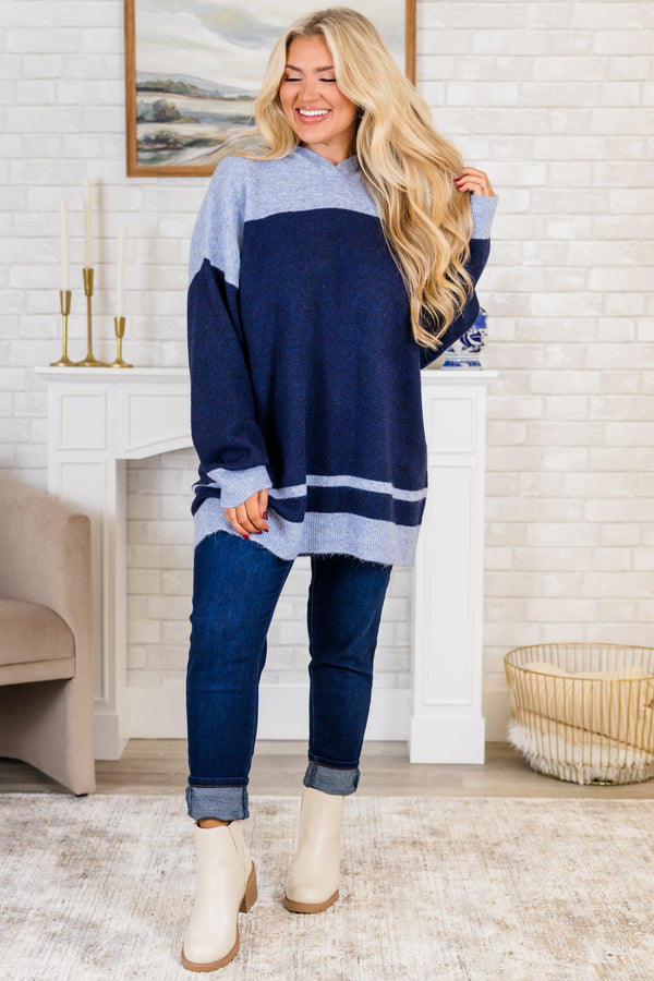 Chic Soul plus size clothing, navy long sleeve knit sweater with blue color block detail with hoodie and ribbed band along bottom and sleeves