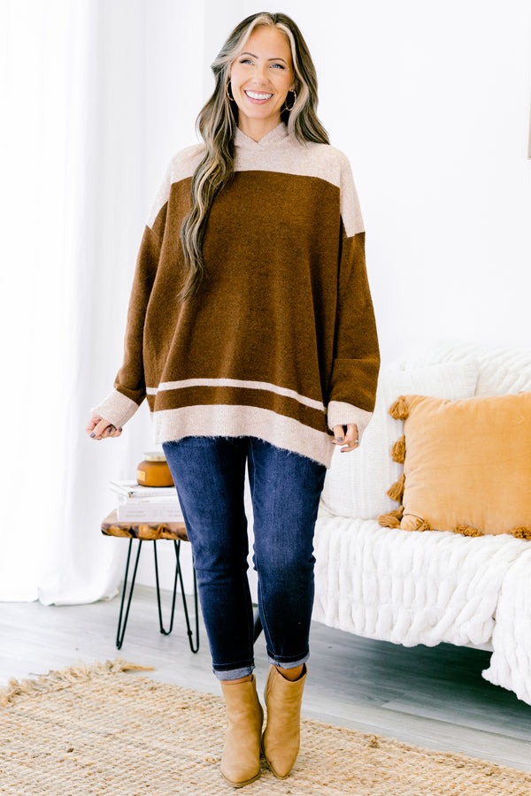 Chic Soul plus size clothing, oatmeal colored sweater with brown striped accents 