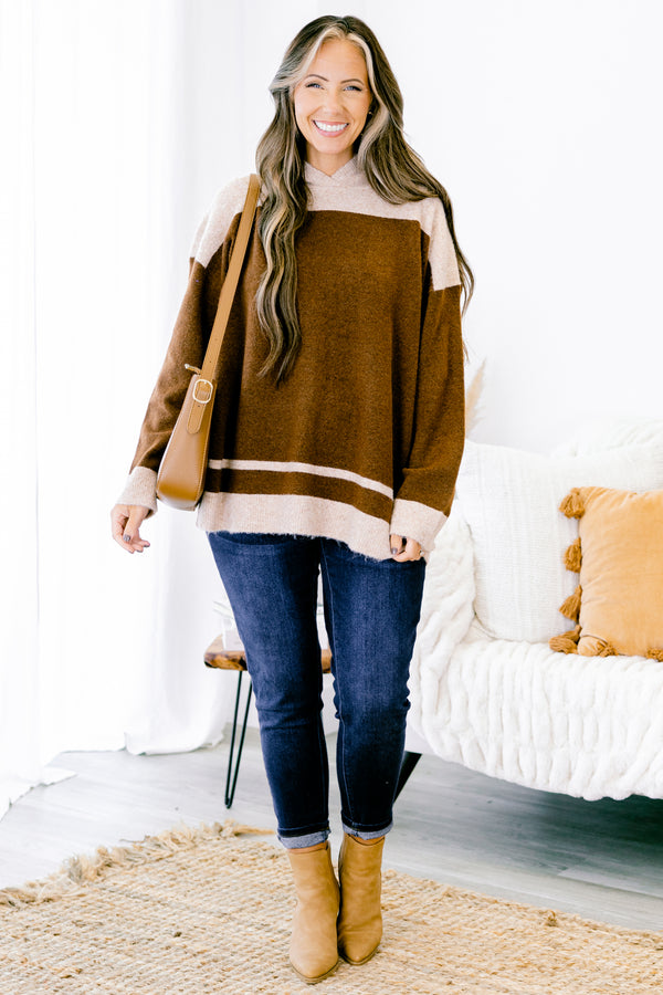 Chic Soul plus size clothing, oatmeal colored sweater with brown striped accents 