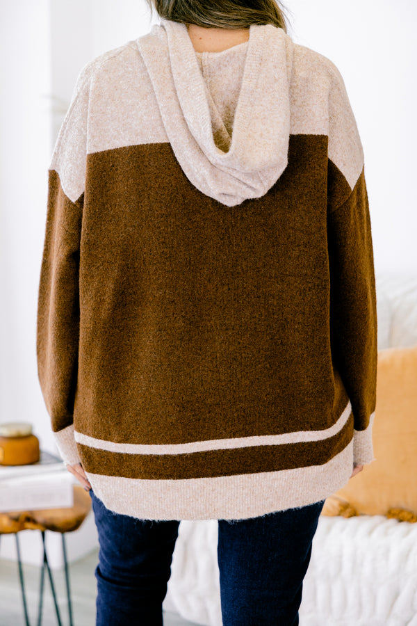 Chic Soul plus size clothing, oatmeal colored sweater with brown striped accents 